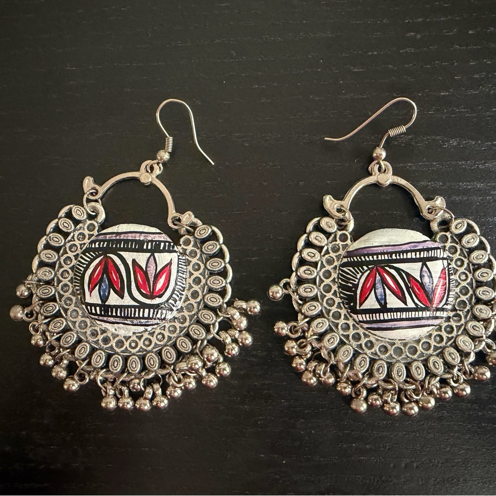 Silver and Red Bohemian Earrings